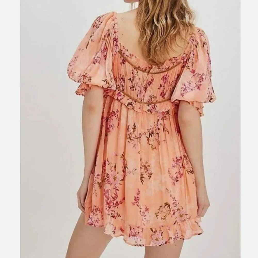 Free People Marney Square Neck Puff Sleeve Floral Printed Babydoll‎ Dress Size S